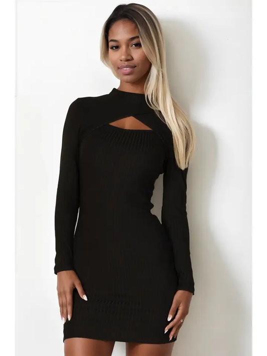 Long Sleeve Ribbed Cut-Out Bodycon Dress