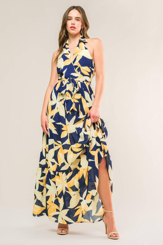 Floral Print Halter Summer Maxi Dress - Navy/Yellow