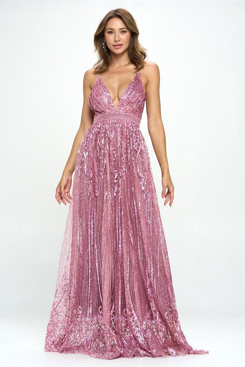 Side view of mauve sequin gown showing plunging neckline, fitted bodice, and flowing skirt
