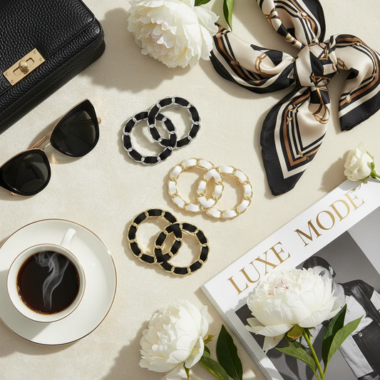 Tabletop scene with coffee, sunglasses, jewelry, and a magazine titled 'Luxe Mode'.