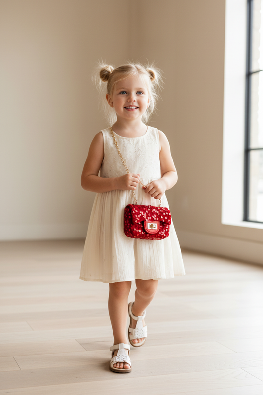 Young girl carrying mini red sequin velvet crossbody purse with gold chain strap