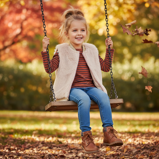 Girl wearing faux fur bomber vest, styled for casual everyday wear