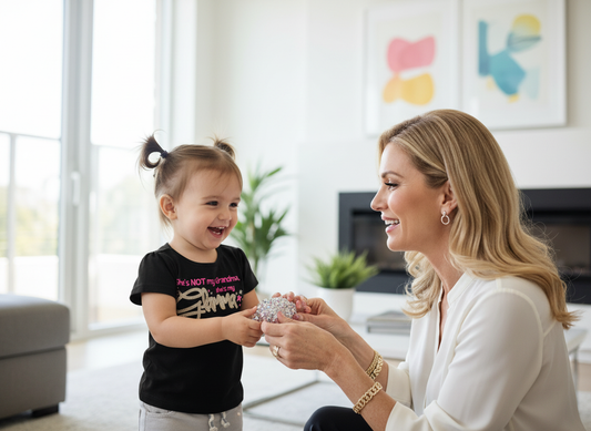Toddler wearing black She's My Glamma t-shirt with stylish grandmother in bright modern setting