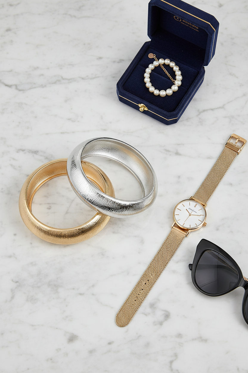 Gold and silver bangle bracelet set flat lay with watch and sunglasses — stackable mixed metal jewelry for women