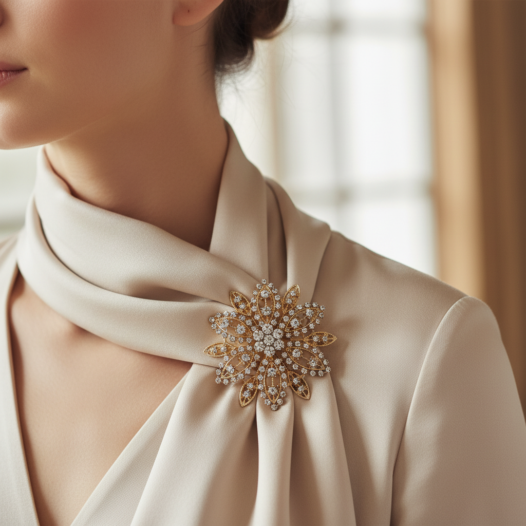 Gold-tone rhinestone flower brooch pinned on champagne silk scarf, close-up showing brooch styling scarf, elegant accessory photography