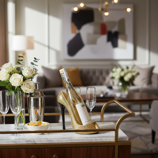 Gold glitter high heel wine holder on elegant bar cart