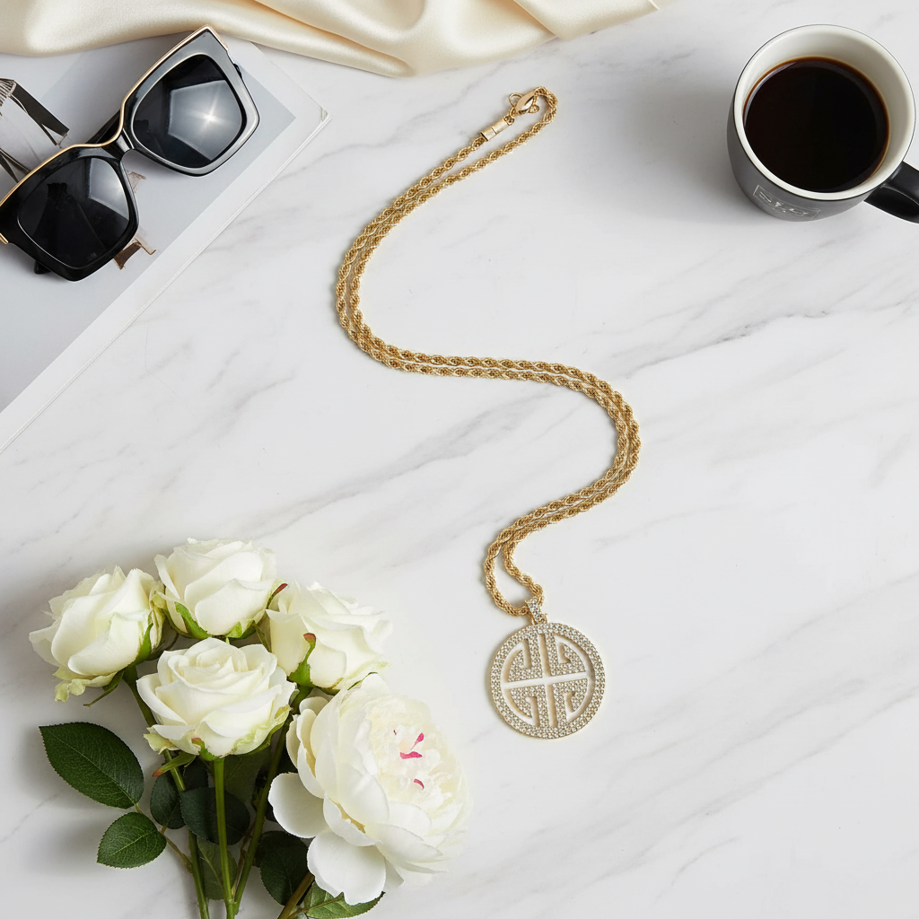 Gold geometric medallion necklace flat lay with lifestyle props on marble surface