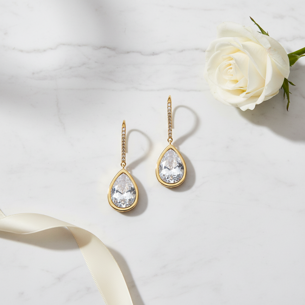 Minimal flat lay of teardrop CZ drop earrings on white marble surface with single white rose, showcasing 1.5-inch elegant earrings with clean, uncluttered composition