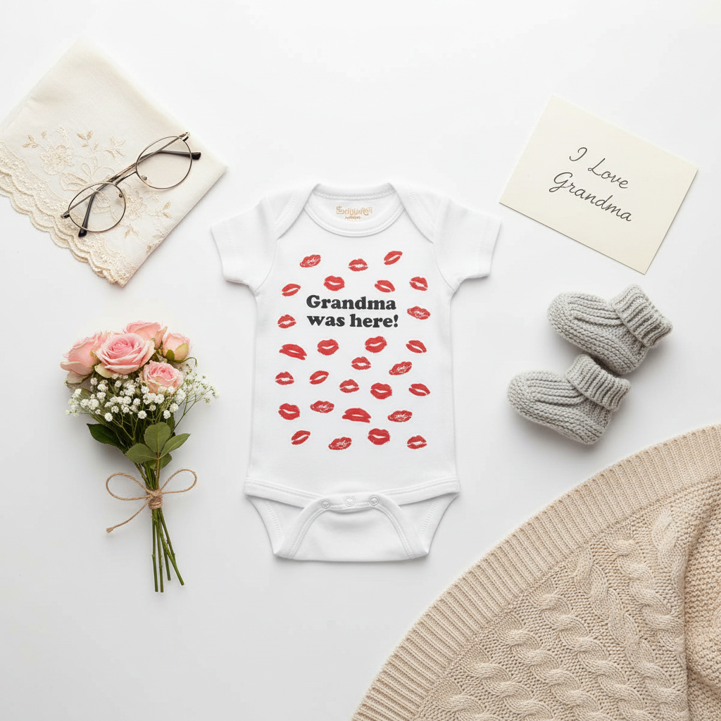 White baby onesie with red kiss marks and "Grandma Was Here" text, styled with reading glasses, flowers, and lace handkerchief on white background
