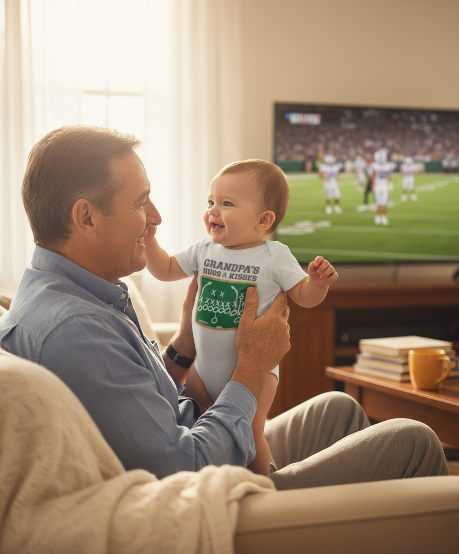 Baby wearing Grandpa's Hugs & Kisses football onesie with grandfather in warm home setting