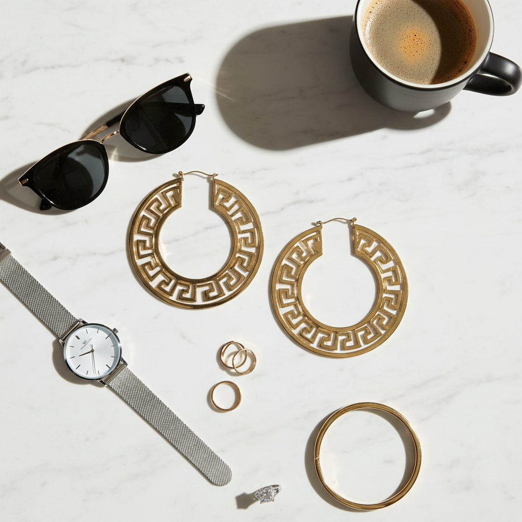 Modern flat lay of 2.75-inch Greek Key hoop earrings on neutral surface with contemporary accessories showing geometric cutout pattern and statement size
