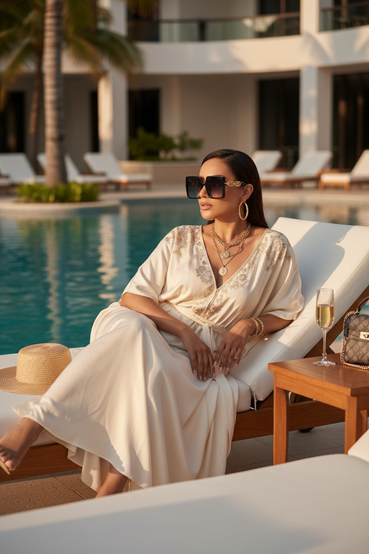 Stylish woman wearing designer Greek key square sunglasses in luxury vacation setting - premium eyewear lifestyle photography