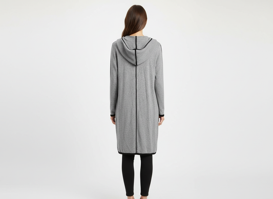 Grey Hooded Cardigan - Back View on Model (Corrected)