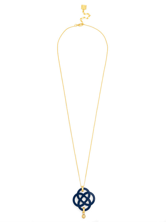 Long Gold Chain Necklace with Quatrefoil Acrylic Pendant – Navy or White