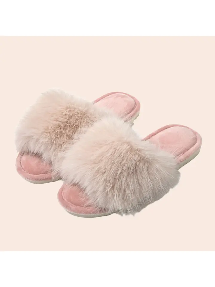 Blush pink plush faux fur slide slippers with fluffy strap and open toe design on cream background