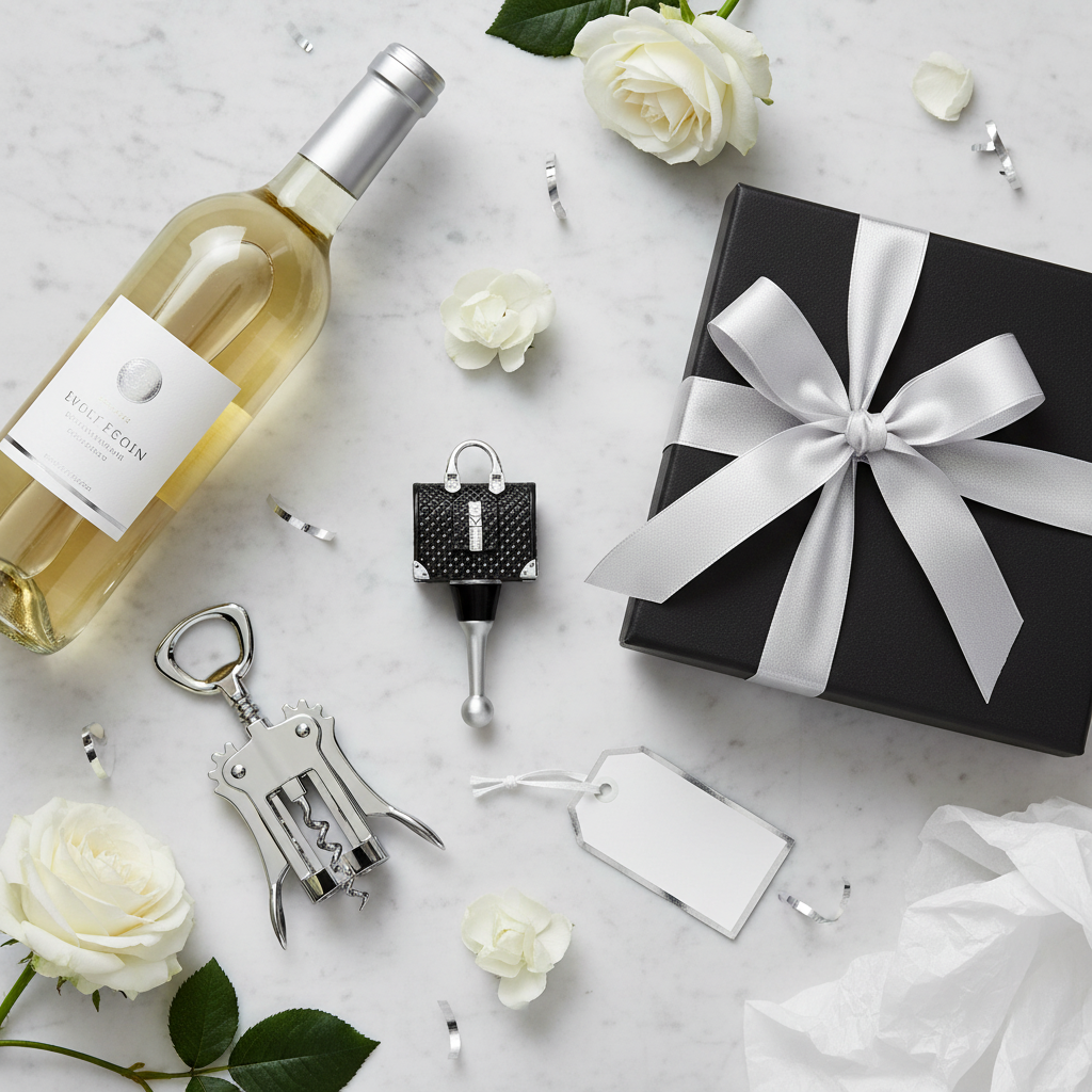 Black quilted handbag wine stopper styled as hostess gift with wine bottle and elegant gift packaging