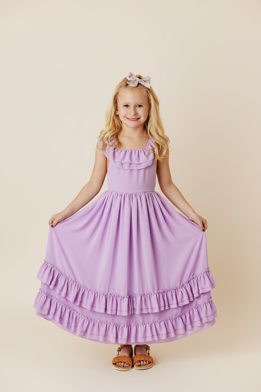 Girls Lavender Ruffle Maxi Dress