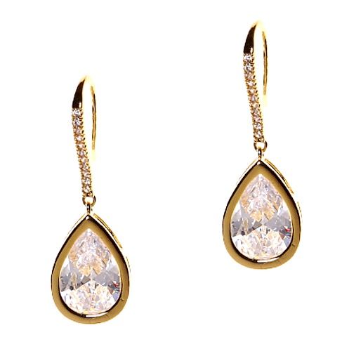 This image displays a pair of Slim Fishhook CZ Drop Earrings. The earrings feature a sophisticated design where a large, teardrop-shaped cubic zirconia (CZ) gemstone is set in a gold-tone frame, giving a elegant and luxurious appearance.