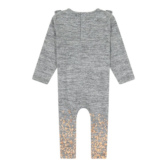 Back view of baby girls' glitter sweater coverall showing snap closure and ruffle shoulder trim