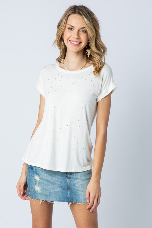 Cuffed Short Sleeve Top with Stones