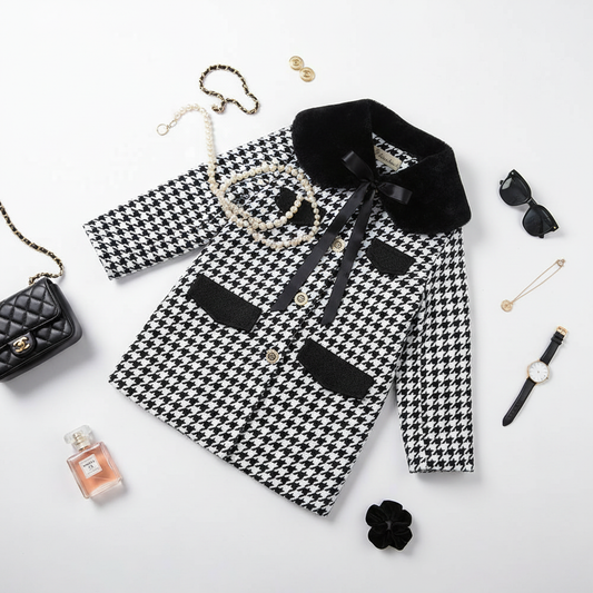 Flat lay of girls' black and white houndstooth coat with faux fur collar styled with luxury Chanel-inspired accessories including quilted handbag, perfume, and pearl jewelry on white background