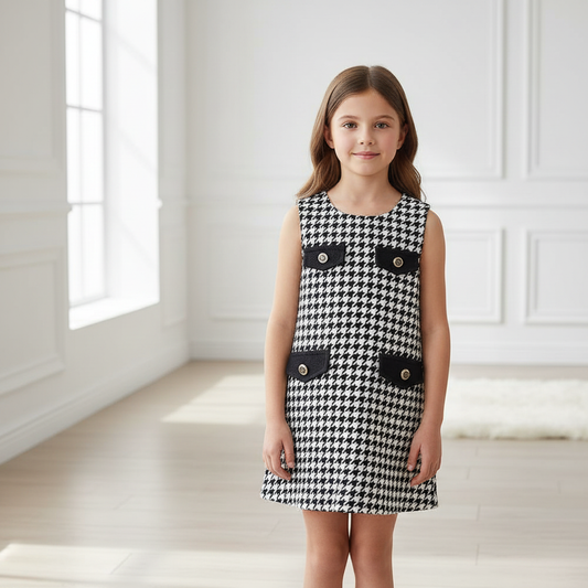 Young girl wearing classic black and white houndstooth shift dress with gold button details in bright interior setting