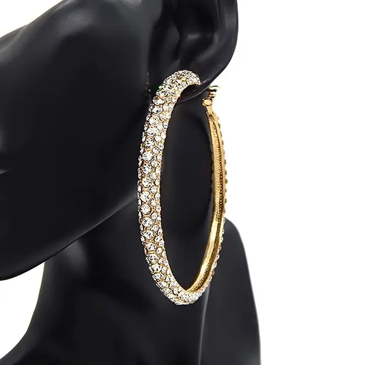 80mm 3D Rhinestone Hoop Earrings - Silver or Gold
