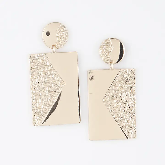 Gold geometric dangle earrings with circular stud top, rectangular drop with diagonal textured filigree and polished sections