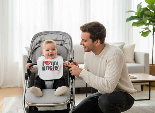 Baby wearing I Love My Uncle bib in stroller with uncle nearby in natural lifestyle setting