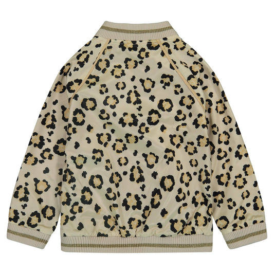 Back view of girls leopard print bomber jacket — reversible kids bomber with animal print pattern.