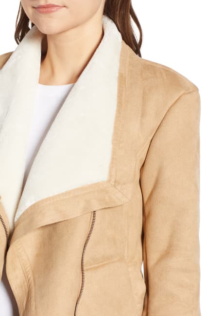 Tan Faux Suede Moto Jacket with Sherpa Collar - Camel Shearling