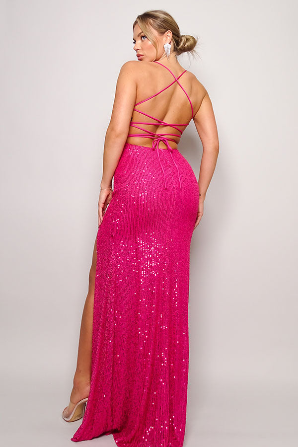 Fuchsia Spaghetti Strap Lace-Up Back Sequin Maxi Dress