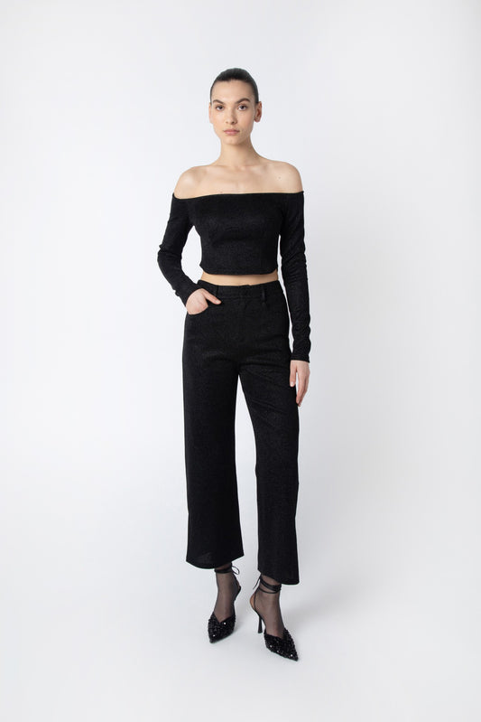 Off-Shoulder Sparkle Crop Top - Black Long Sleeve