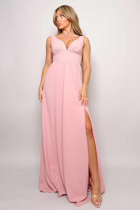 Side Slit Deep V Maxi Dress - Navy or Blush