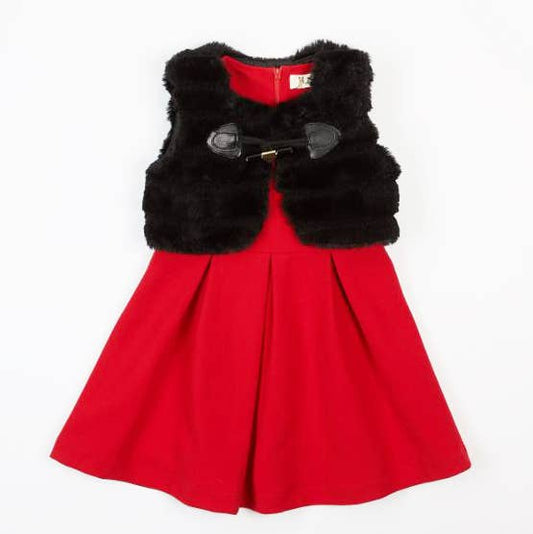 A red wooly felt dress with a black fur vest on top, suitable for children.