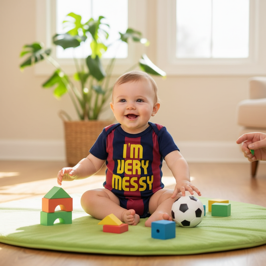 Baby wearing navy I'm Very Messy soccer jersey onesie playing with soccer ball in bright natural setting