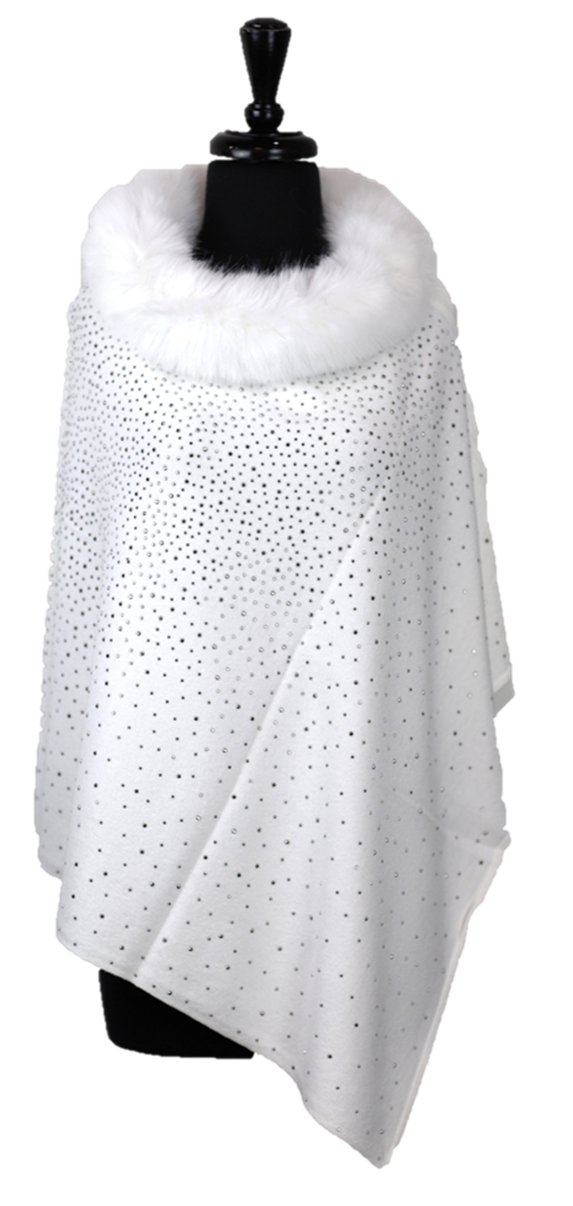 Faux Fur Rhinestone Poncho - Elegant Winter Cape Wrap