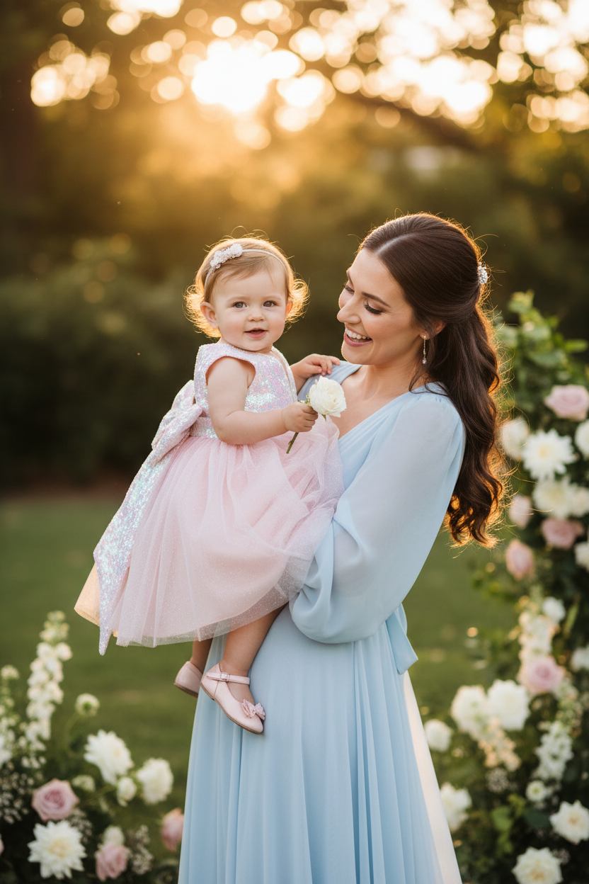 Mother holding baby girl wearing blush pink glitter tulle sequin bow dress at outdoor garden wedding – infant flower girl dress