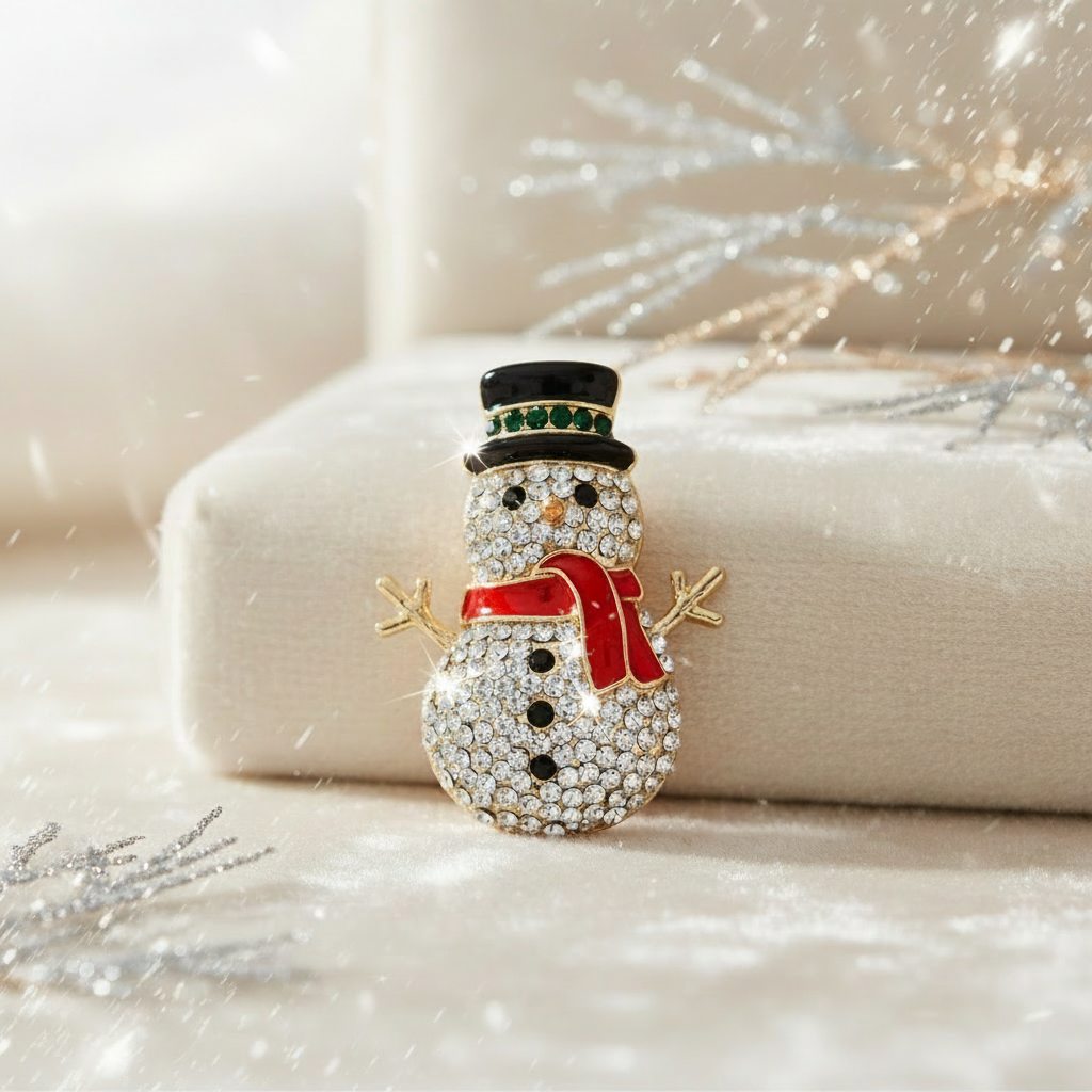 Luxury snowman brooch with red scarf and black top hat on a decorative background