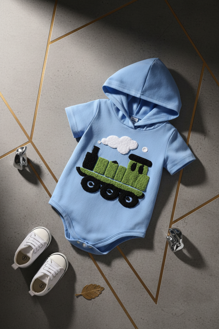 Editorial fashion photography of baby boy train onesie with sophisticated minimalist styling and refined lighting