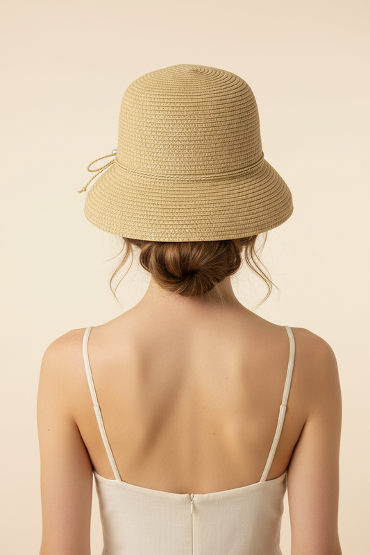 John Callanan paper braid cloche sun hat back view on model showing crown and brim