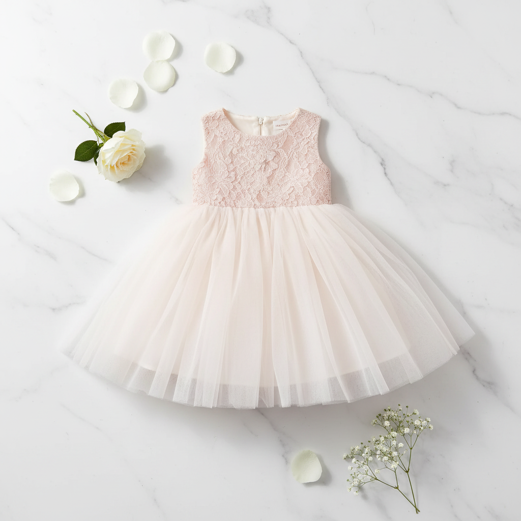 Flat lay of baby girl blush lace tulle special occasion dress with white rose petals luxury infant gown