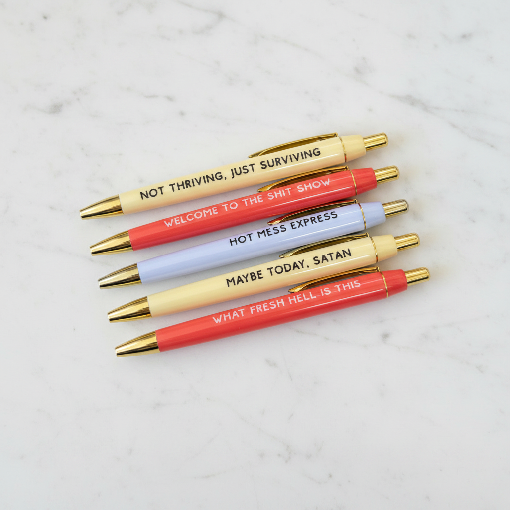 Welcome to the Sh*t Show funny pen set 5 pens in cream coral red and lavender with gold accents on white marble – sarcastic coworker office gift under $20