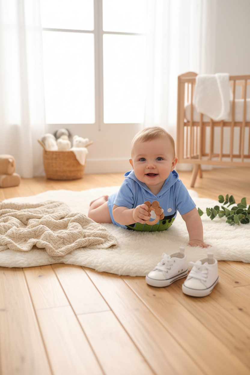 Lifestyle shot of blue hooded baby onesie with train design in cozy nursery setting with natural wood and soft textures