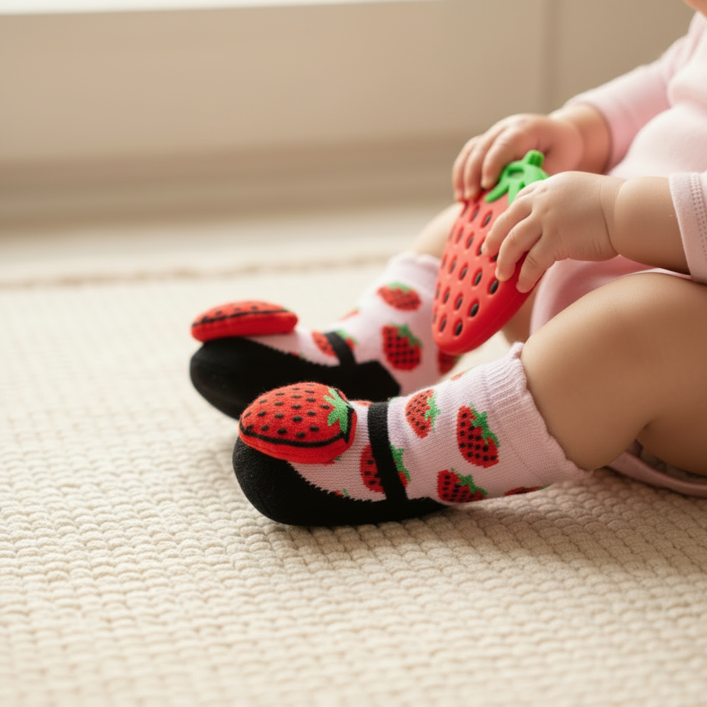 Baby holding red strawberry silicone teether wearing pink strawberry rattle socks, infant gift set lifestyle photo