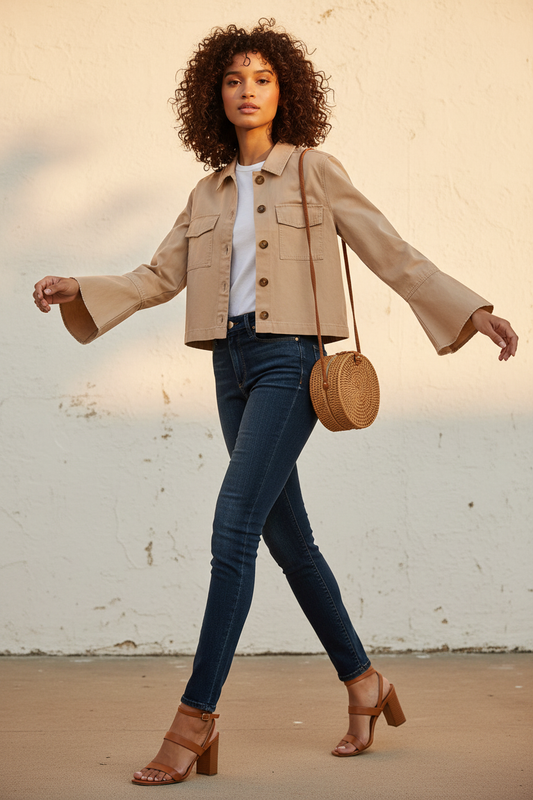Tan cotton canvas cropped bell sleeve jacket lifestyle – BB Dakota outdoor editorial shot with straw bag and jeans