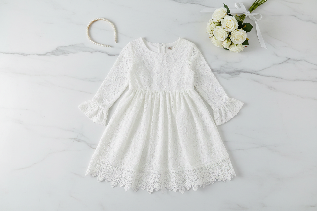 Upscale flat lay of girls white lace knee-length dress with white rose bouquet and pearl headband on marble – tween special occasion dress