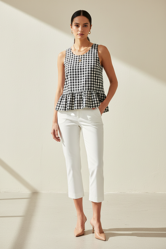 Black white gingham peplum top chic styling white capri pants nude heels front view summer outfit