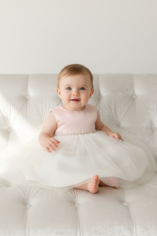 Baby girl in rose pink satin tulle dress with pearl rhinestone waist trim sitting on white tufted surface – infant christening newborn special occasion dress