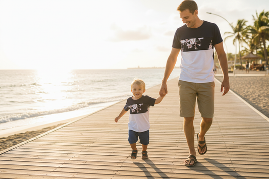 Dad and son matching navy floral colorblock t-shirt family matching outfit boardwalk lifestyle